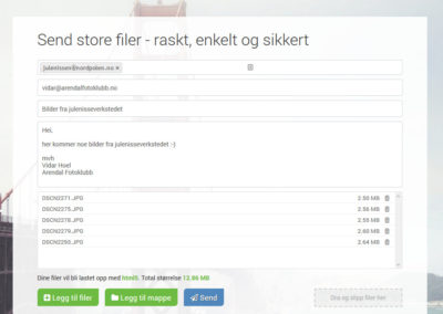 Bilde 2: Filemail.com hvor bilder er lagt til, bare å trykke "Send"